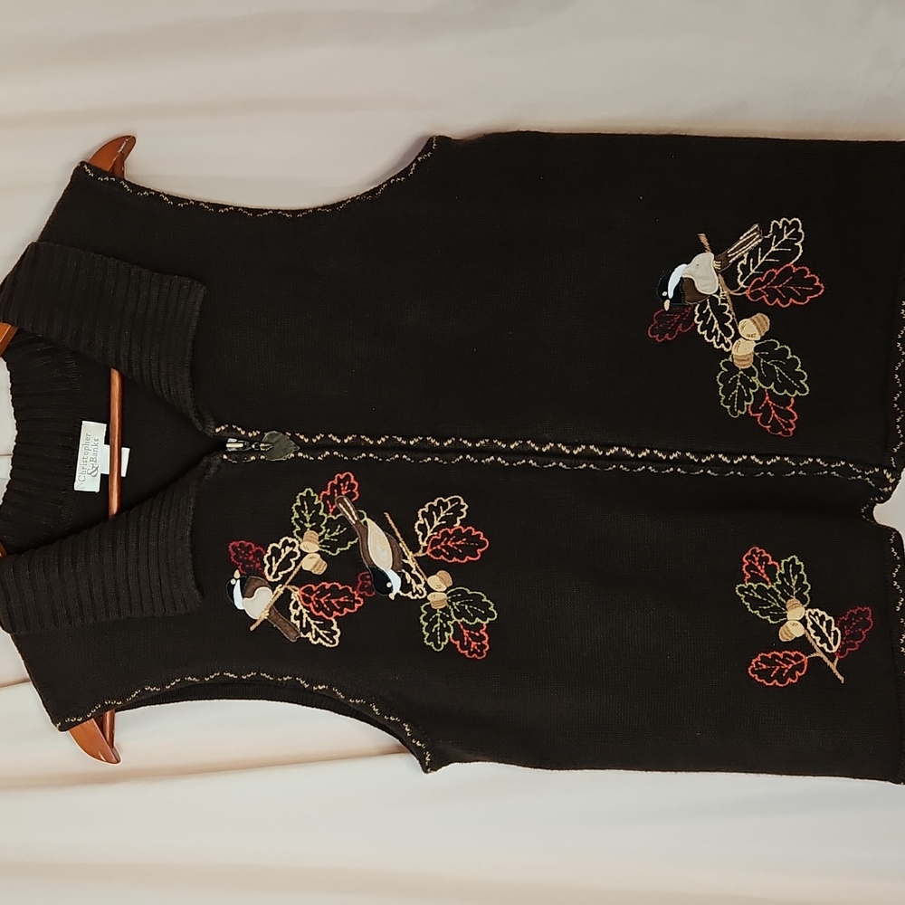 Autumn Leaf Embroidered Knit Vest Women's Large Acorns Birds Cottagecore Grandma - Picture 5 of 9